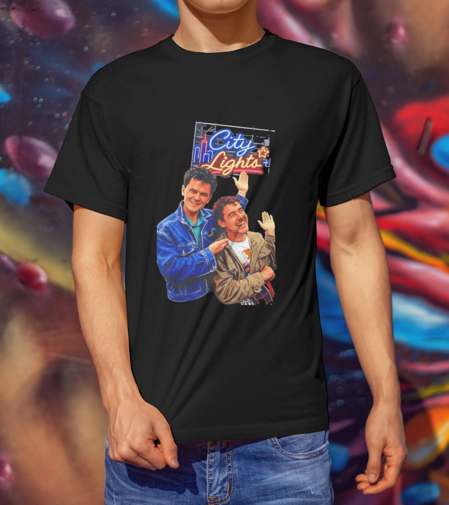 Two Men Smiling And Waving City Lights Neon Sign T-Shirt