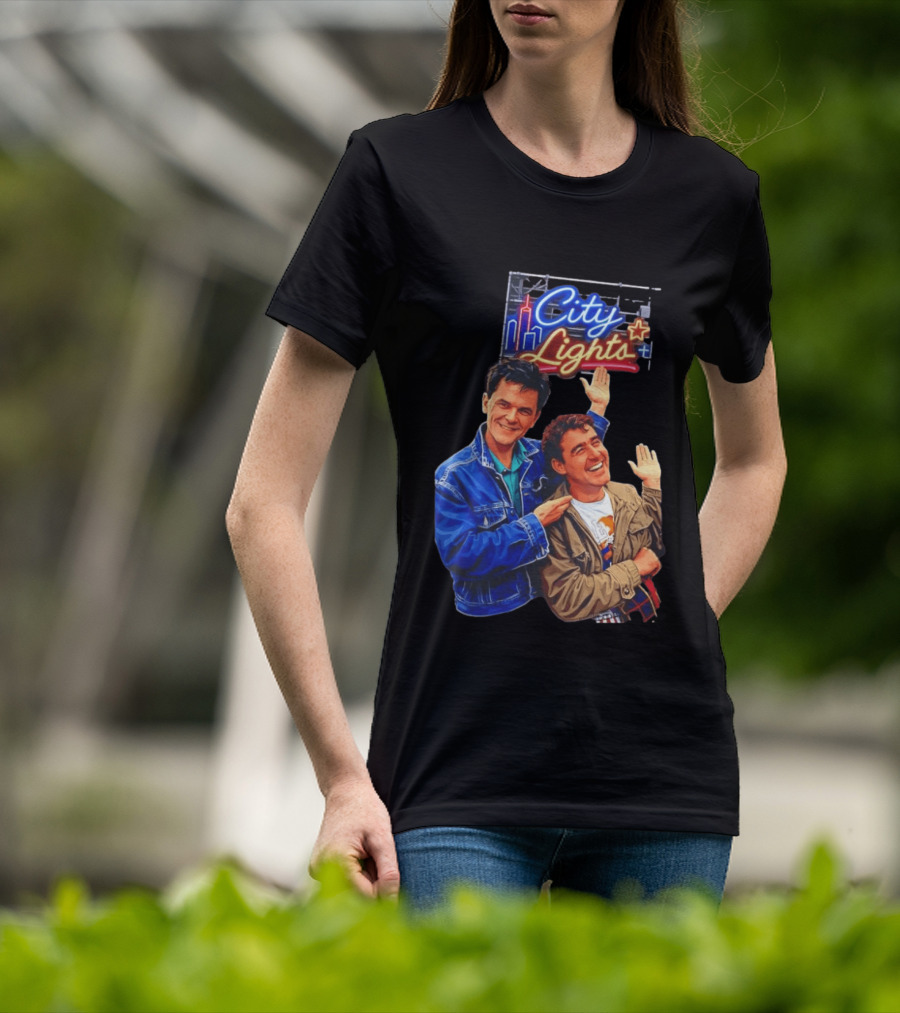 Two Men Smiling And Waving City Lights Neon Sign T-Shirt