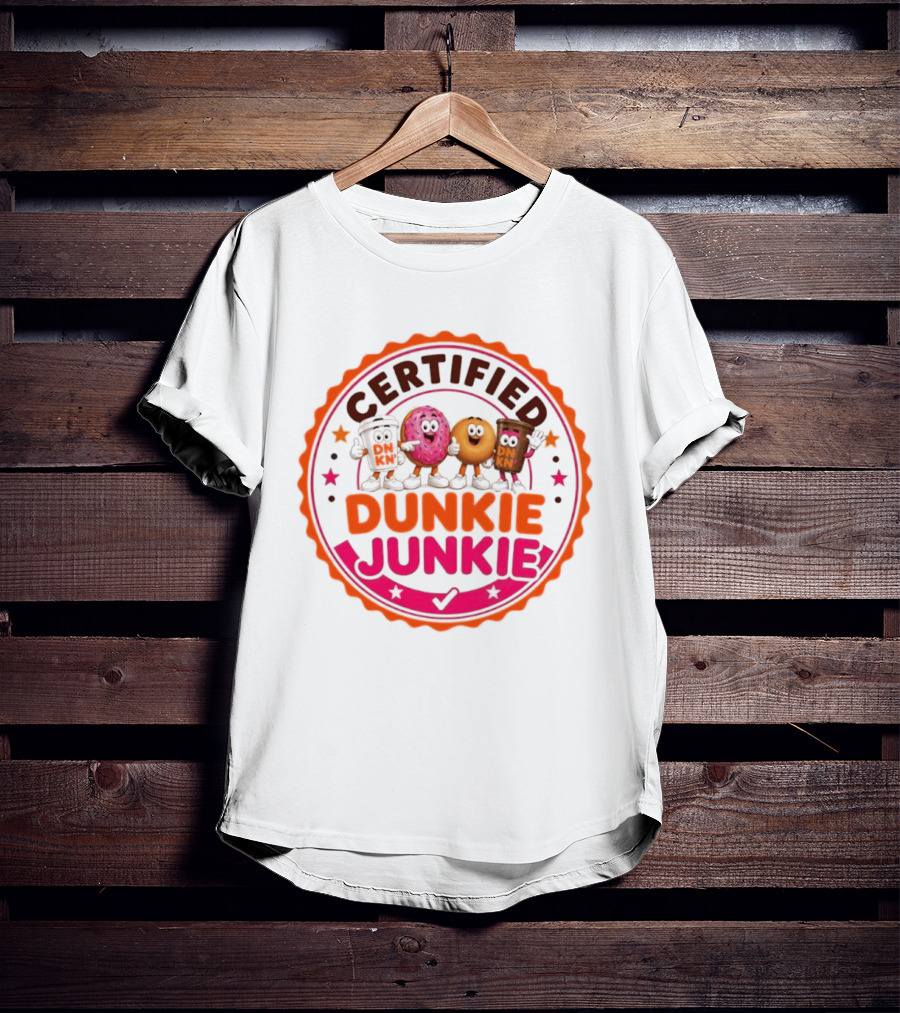 Certified Dunkie Junkie Characters Badge Coffee Donut Fun T-Shirt
