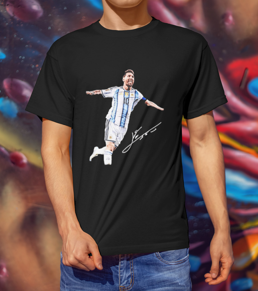 Lionel Messi 10 Argentina Jersey Signature Soccer Legend Celebration T-Shirt