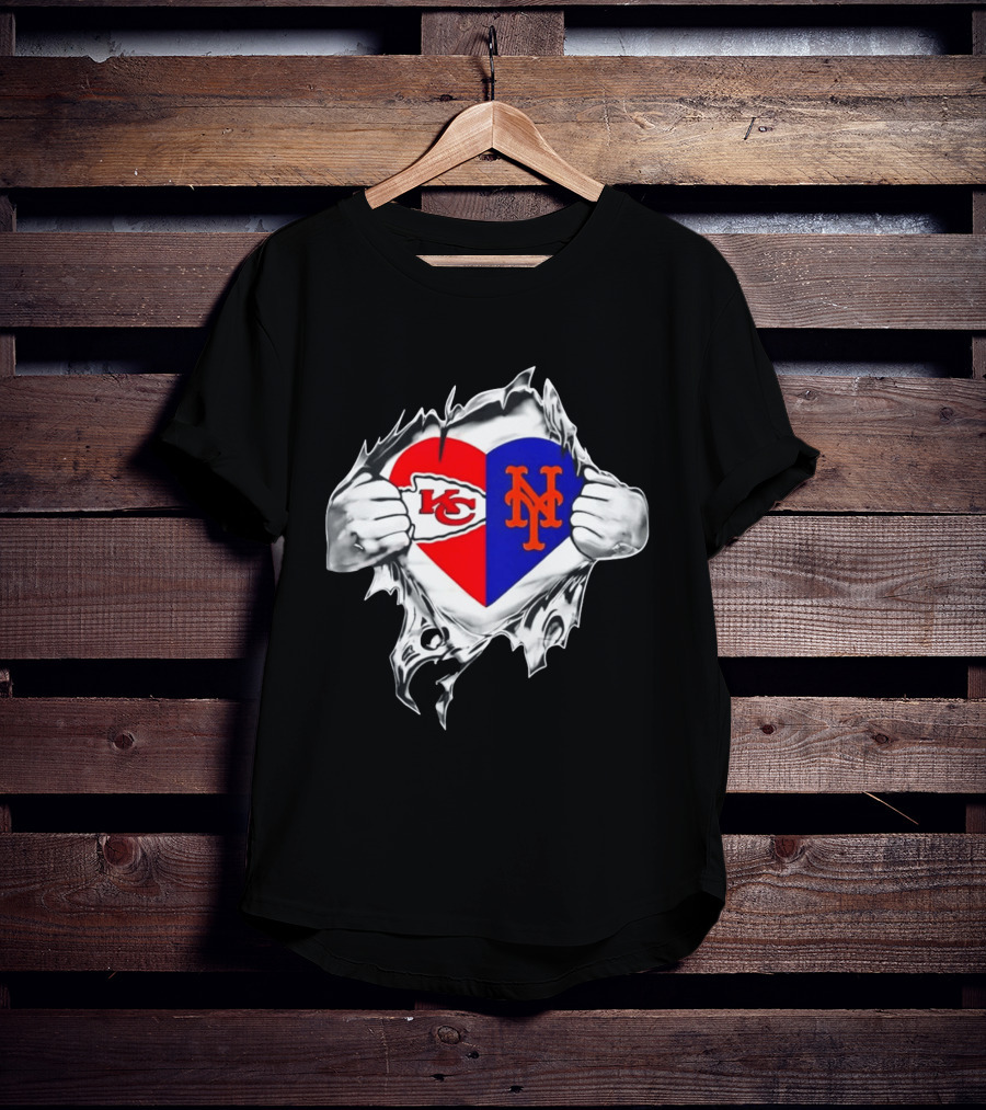 Kansas City Chiefs New York Mets Heart Torn Chest Combo T-Shirt
