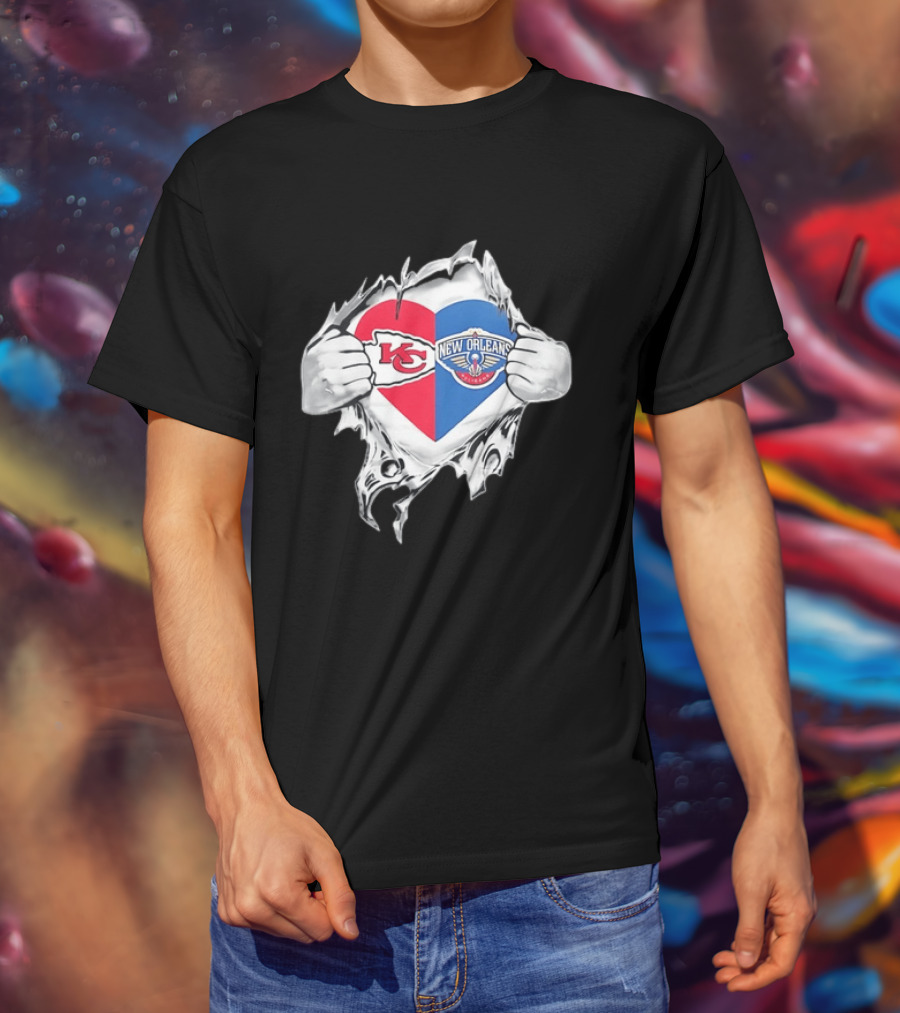 Kansas City Chiefs New Orleans Pelicans Heart Ripped Open T-Shirt