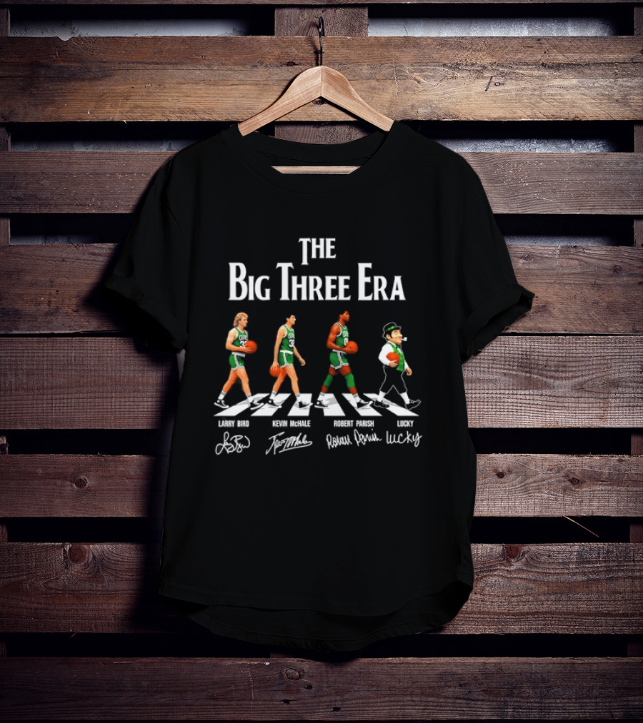 The Big Three Era Larry Bird Kevin McHale Robert Parish Lucky Walking Signatures T-Shirt