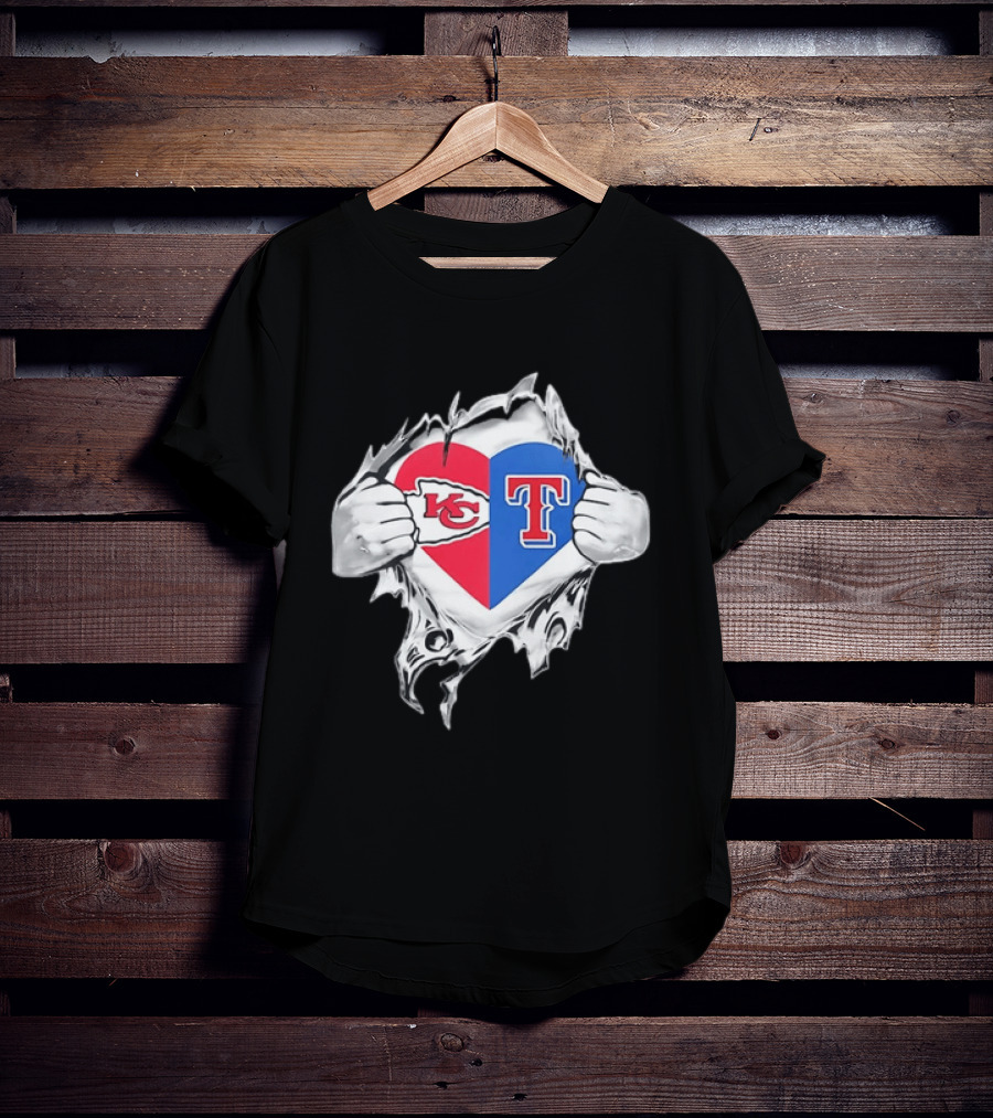 Kansas City Chiefs Texas Rangers Heart Rip Open T-Shirt