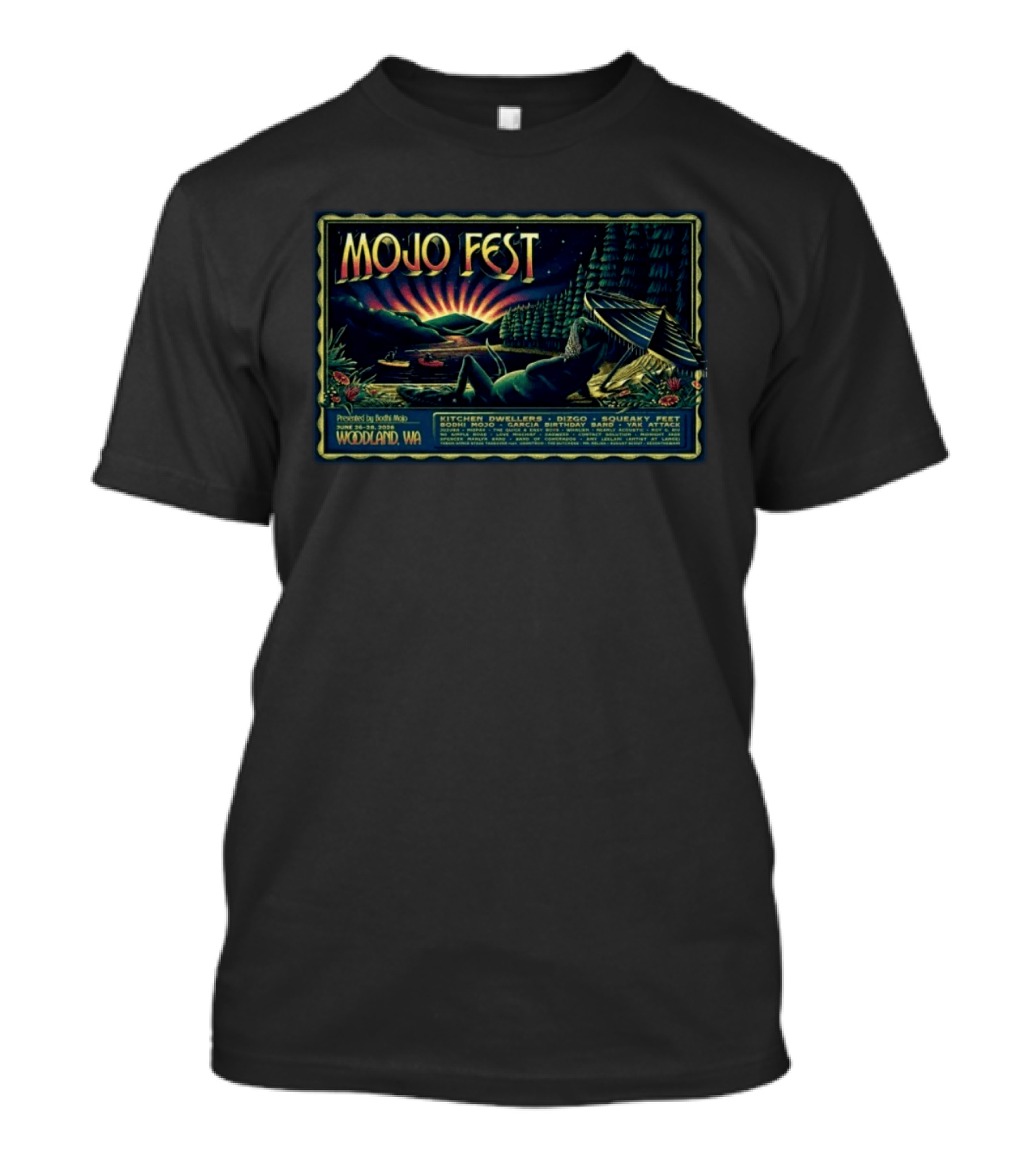 Mojo Fest Woodland WA June 26 28 2026 Featuring Kitchen Dwellers Dizgo Squeaky Feet Bodhi Mojo Garcia Birthday Band Yak Attack T-Shirt
