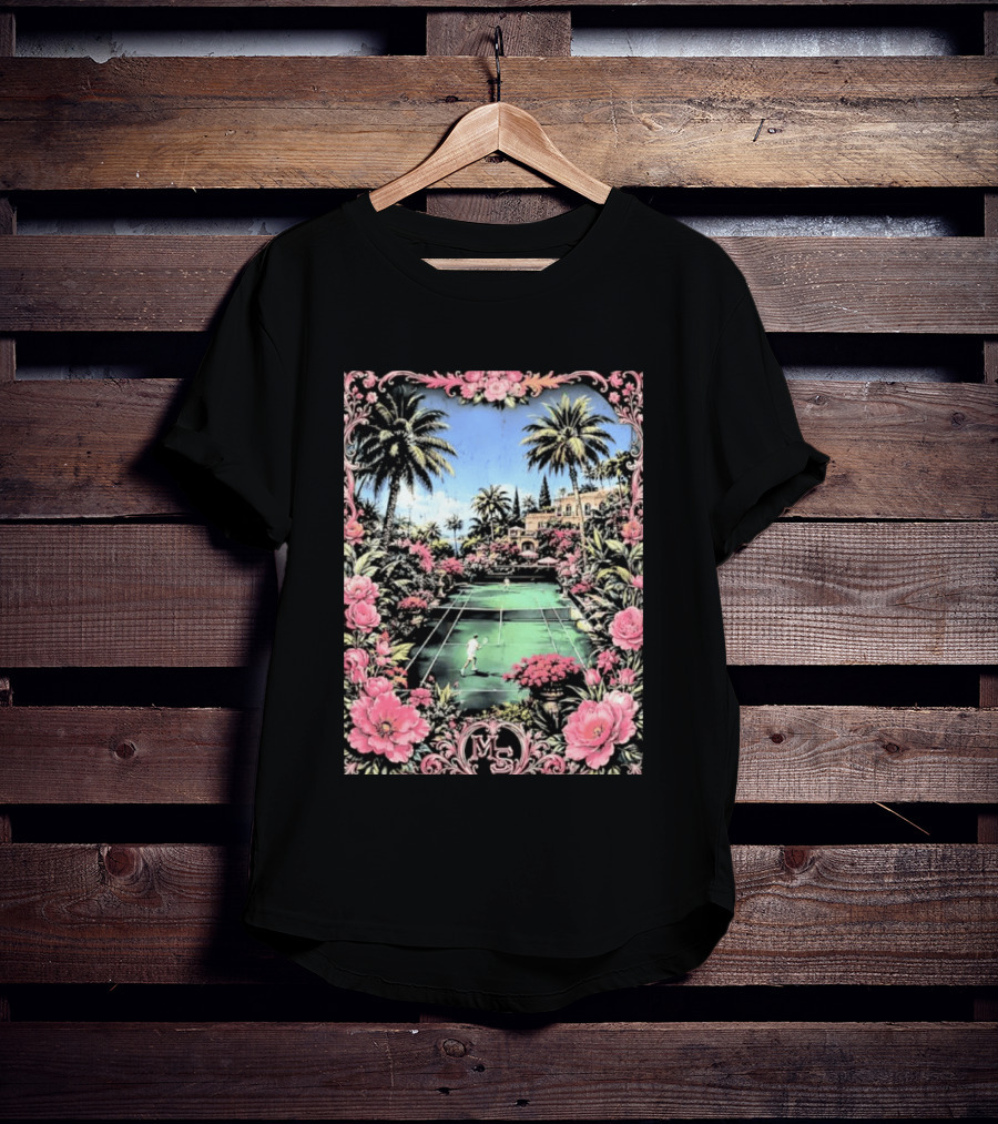 Tennis Players On Mansion Court MS Initials With Pink Floral Frame T-Shirt