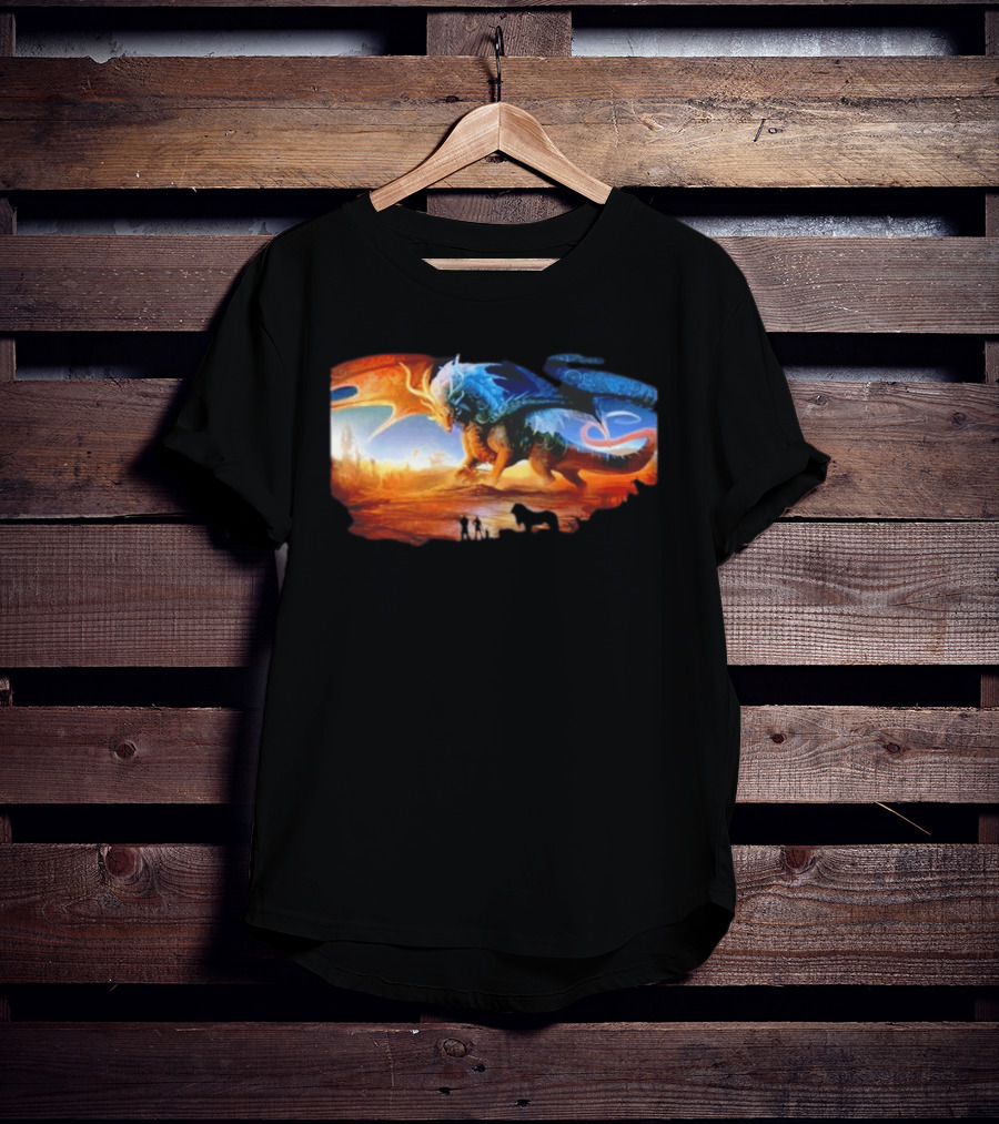 Giant Dragon In Radiant Golden Light With Blue And Orange Wings T-Shirt