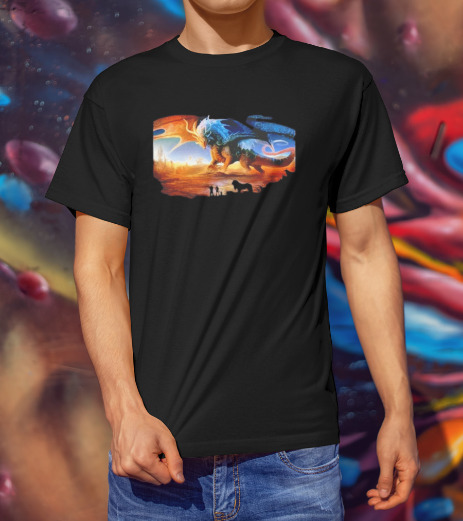 Giant Dragon In Radiant Golden Light With Blue And Orange Wings T-Shirt
