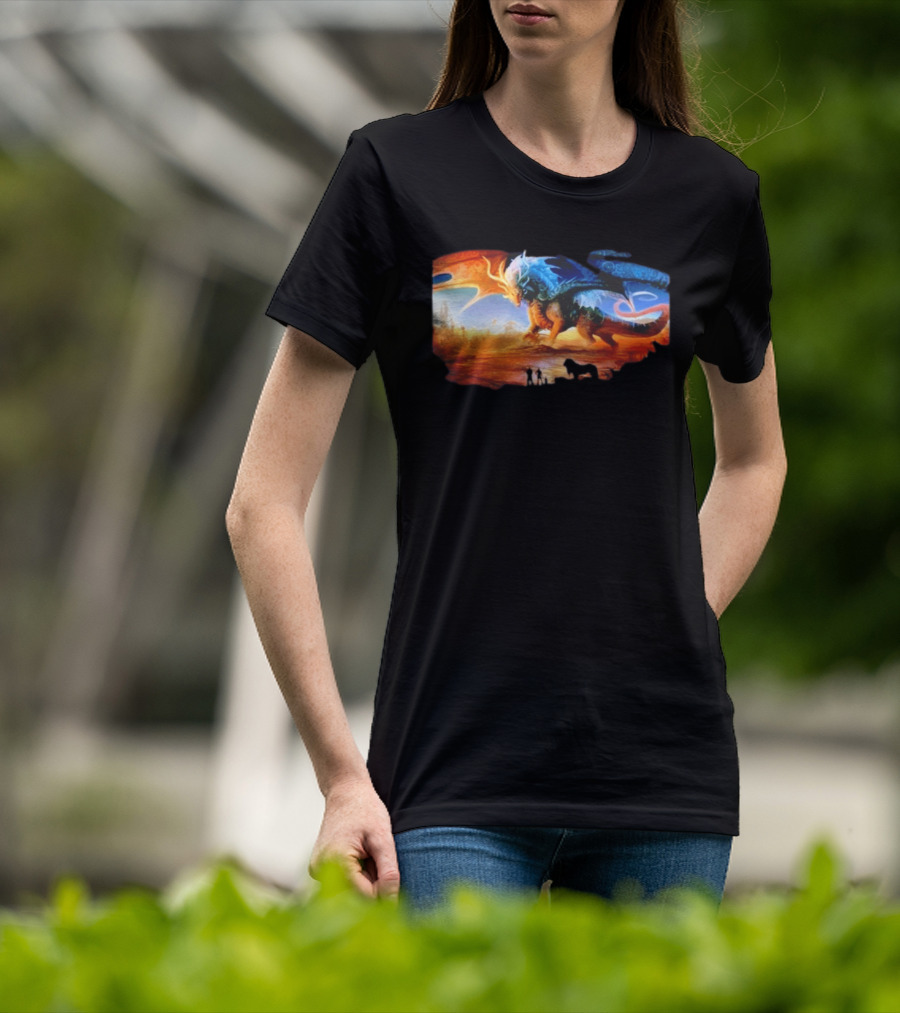 Giant Dragon In Radiant Golden Light With Blue And Orange Wings T-Shirt