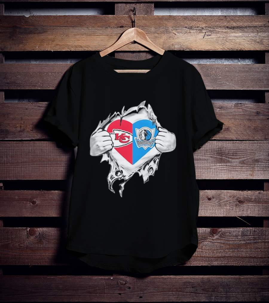 Kansas City Chiefs Dallas Mavericks Heart Ripped Open NFL NBA Crossover Fan Gear T-Shirt