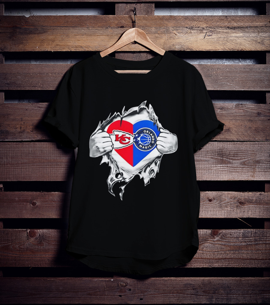 Kansas City Chiefs And Orlando Magic Heart Tear Open T-Shirt
