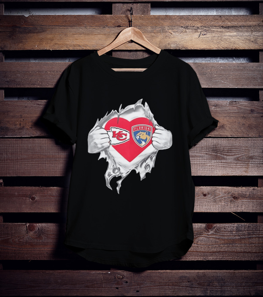 KC Chiefs Florida Panthers Heart Ripped Chest Kansas City NFL Florida NHL Fans T-Shirt
