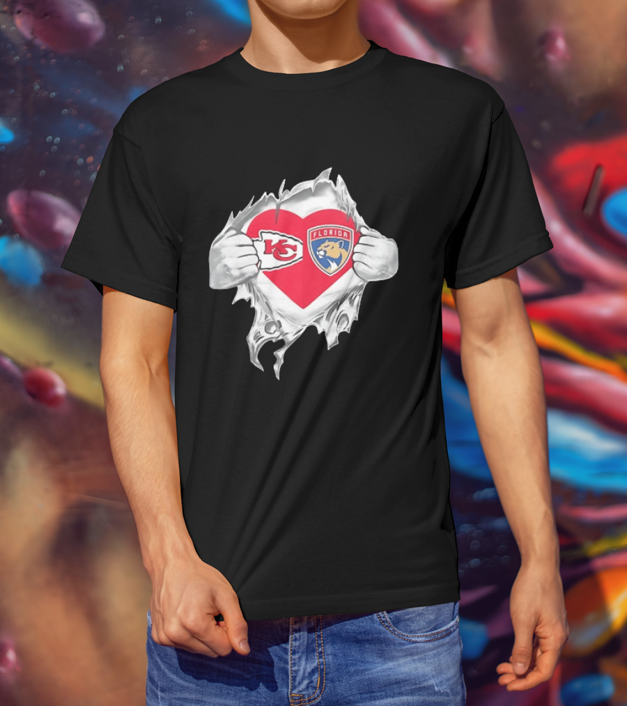 KC Chiefs Florida Panthers Heart Ripped Chest Kansas City NFL Florida NHL Fans T-Shirt