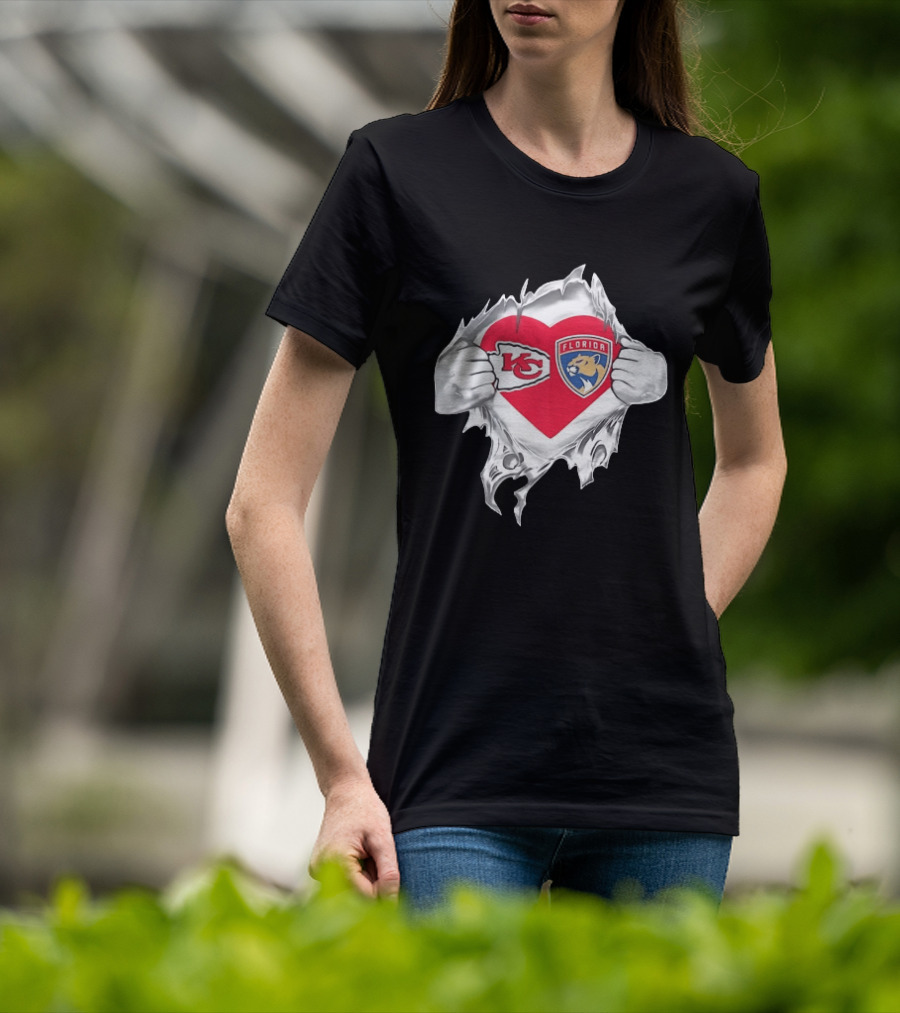 KC Chiefs Florida Panthers Heart Ripped Chest Kansas City NFL Florida NHL Fans T-Shirt