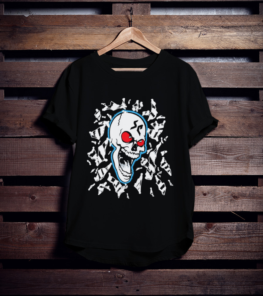 SC Skull Breaking Glass Explosive Red Eyes Fractured Blue T-Shirt