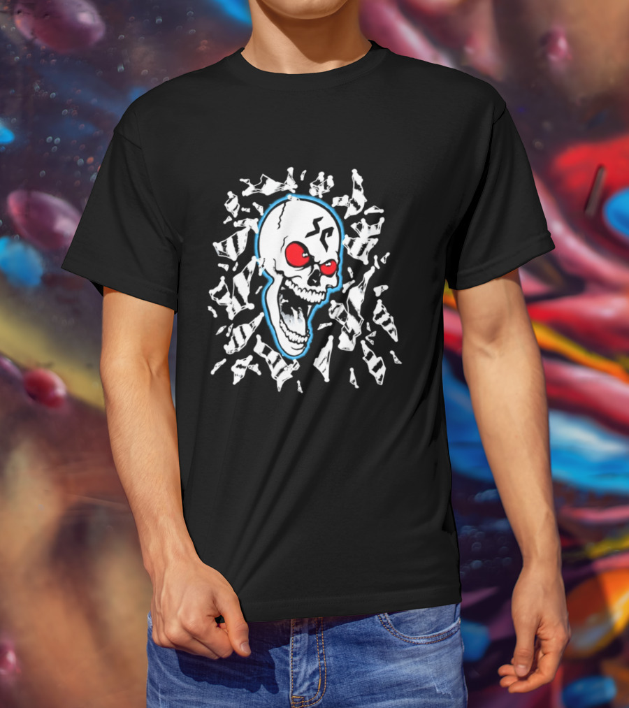 SC Skull Breaking Glass Explosive Red Eyes Fractured Blue T-Shirt