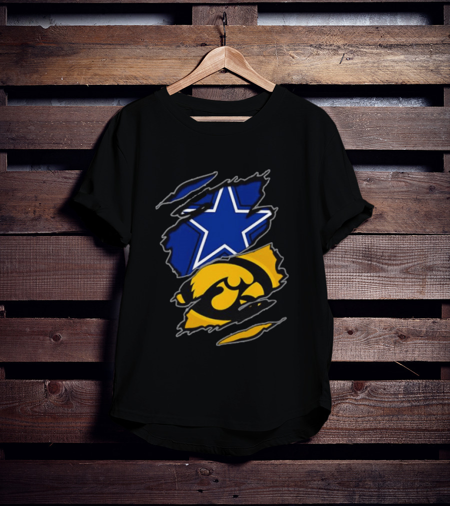 Dallas Cowboys Star And Iowa Hawkeyes Ripped Logo Sports Fan Gear T-Shirt