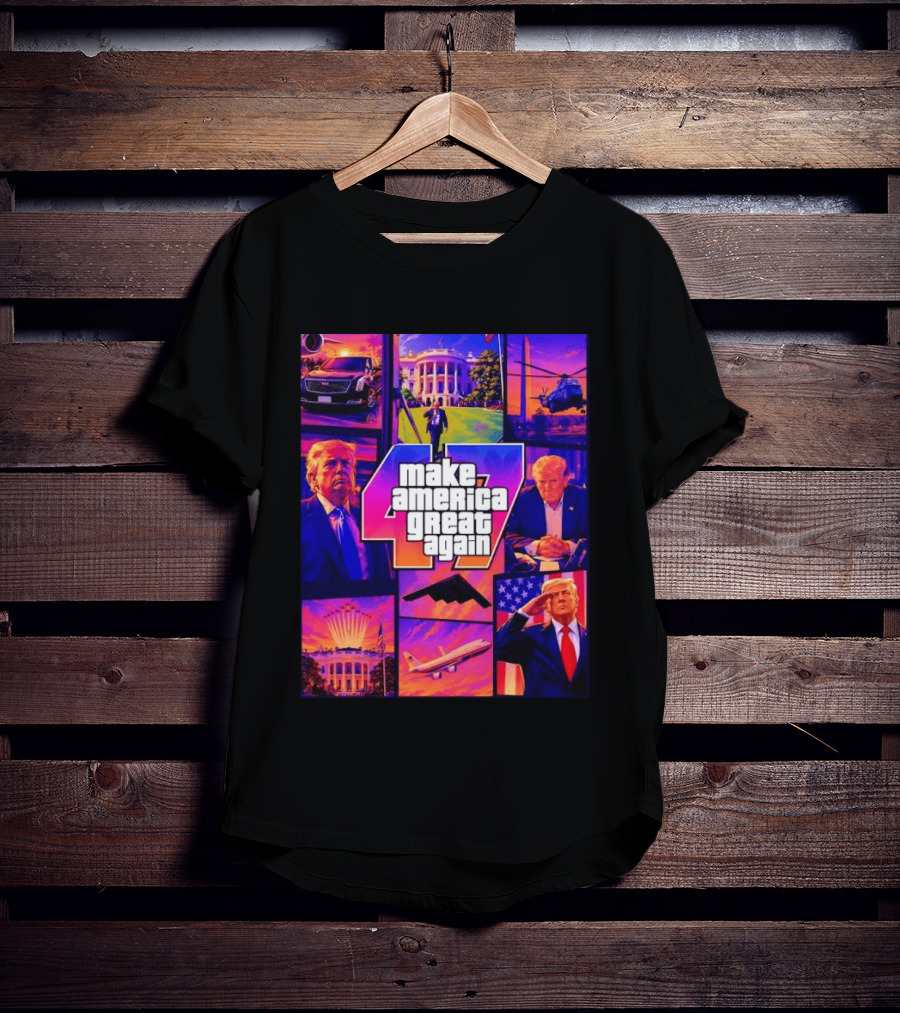 Make America Great Again GTA 47 Parody Trump White House Military Aircraft Montage T-Shirt