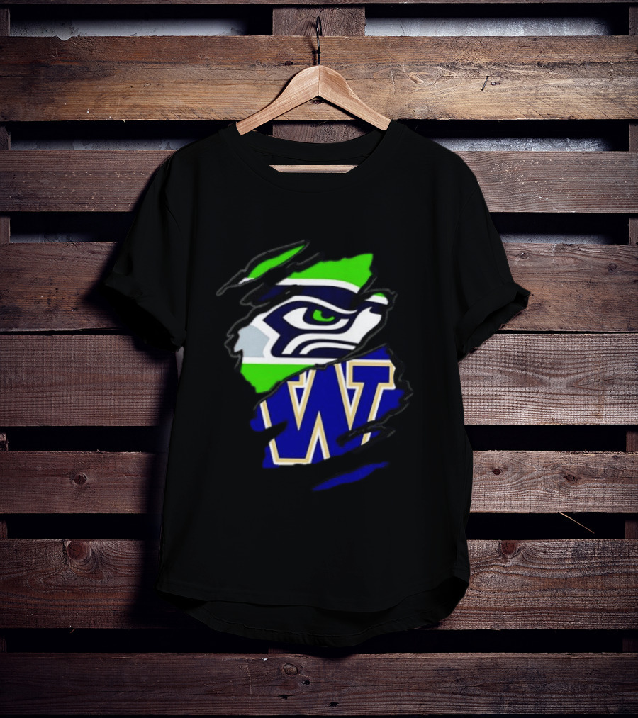Seattle Seahawks Washington Huskies Ripped Through Logos T-Shirt