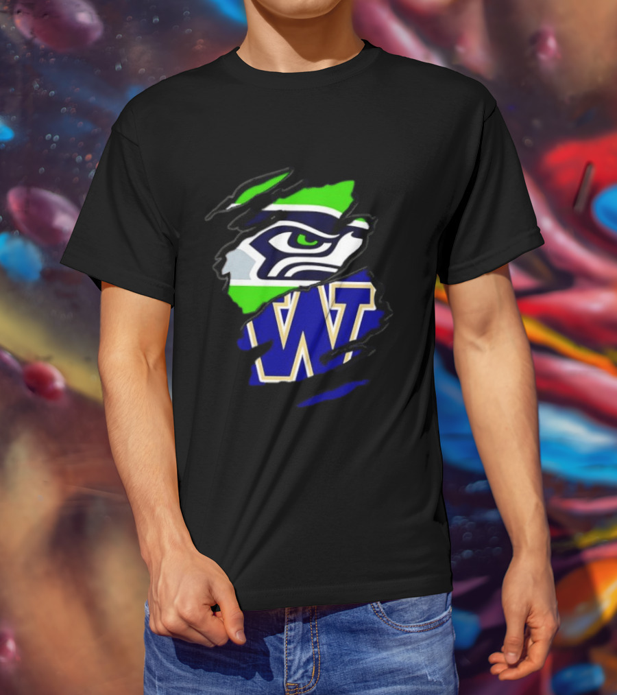Seattle Seahawks Washington Huskies Ripped Through Logos T-Shirt