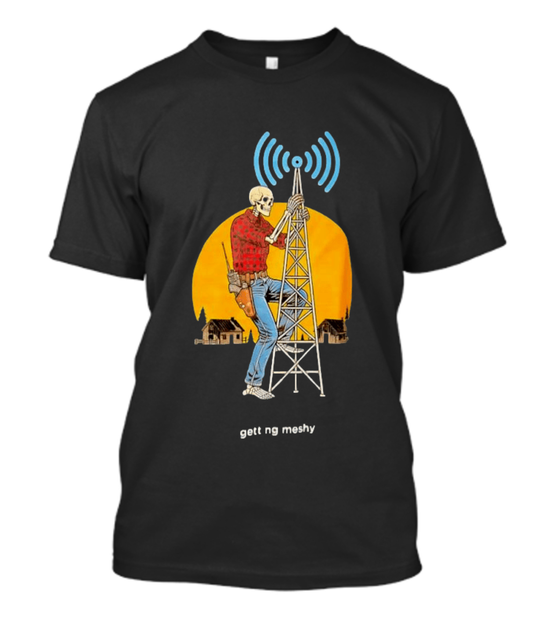 Skeleton Climbing Tower With Radio Waves Retro Scene T-Shirt