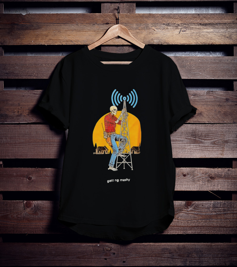 Skeleton Climbing Tower With Radio Waves Retro Scene T-Shirt