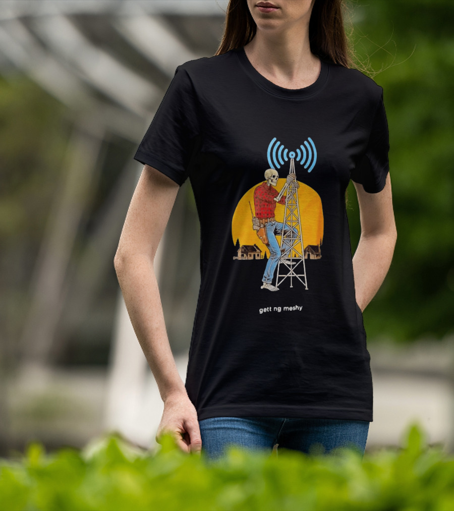 Skeleton Climbing Tower With Radio Waves Retro Scene T-Shirt