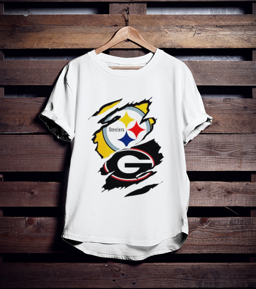Pittsburgh Steelers Georgia Bulldogs NCAA Football Ripped Torn Effect T-Shirt