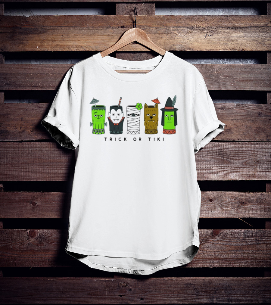 Trick Or Tiki Frankenstein Vampire Mummy Werewolf Witch Halloween T-Shirt