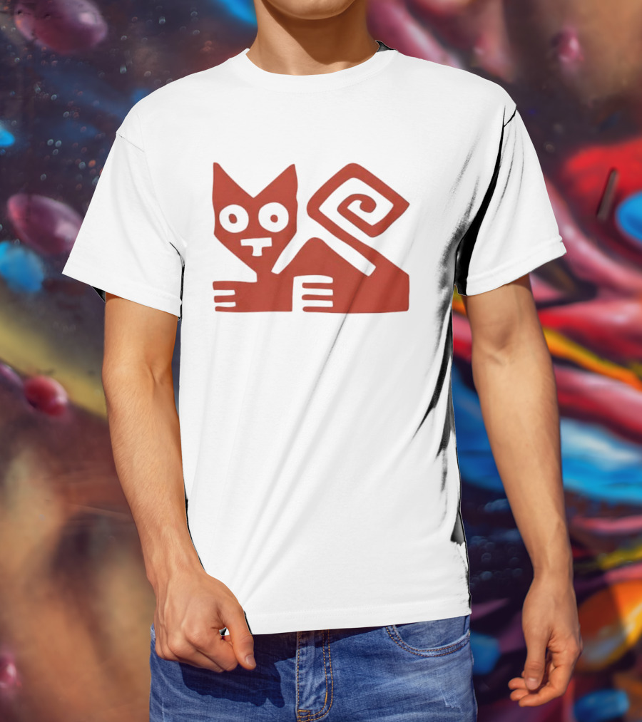 Peruvian Cat Nazca Lines Style Geometric Red T-Shirt