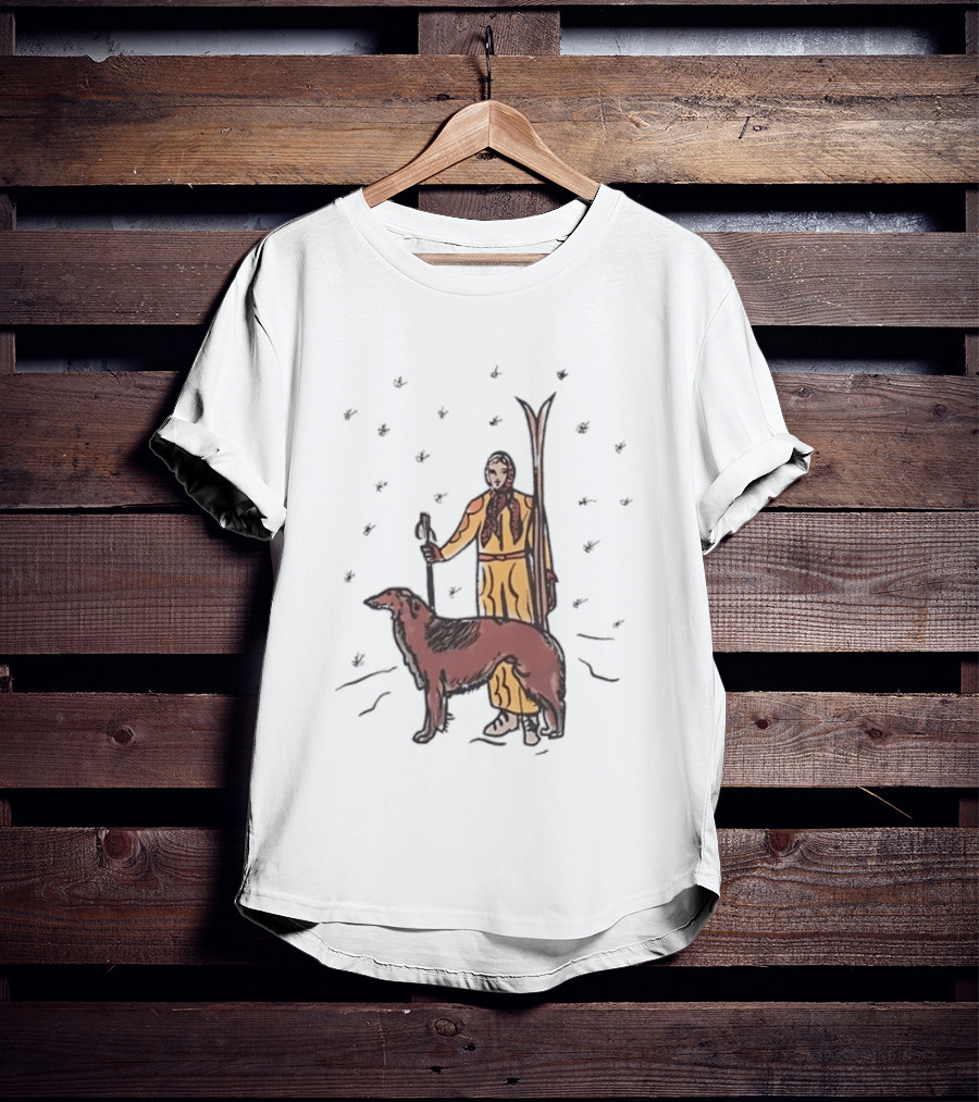 Woman Skiing With Borzoi Dog In Winter Sports Scene T-Shirt