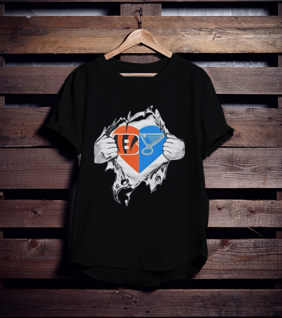 Bengals Blues Tattered Heart Shape Split Symbol With Hands T-Shirt