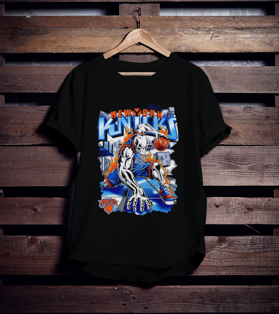 New York Knicks NBA Basketball Skull Player And City Flames T-Shirt