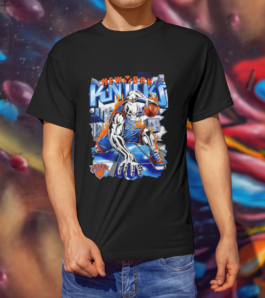 New York Knicks NBA Basketball Skull Player And City Flames T-Shirt