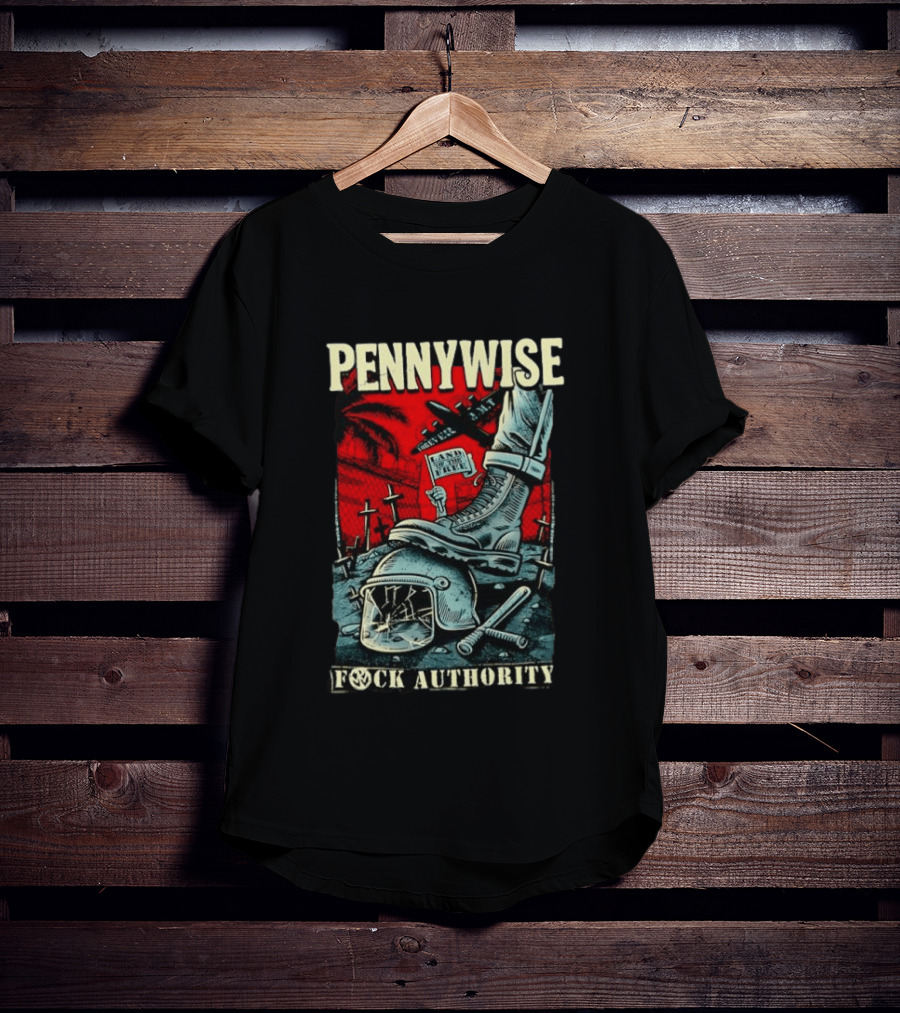 Pennywise Fock Authority Land Of The Free Forever Dystopian Punk Imagery With Boot And Helmet T-Shirt