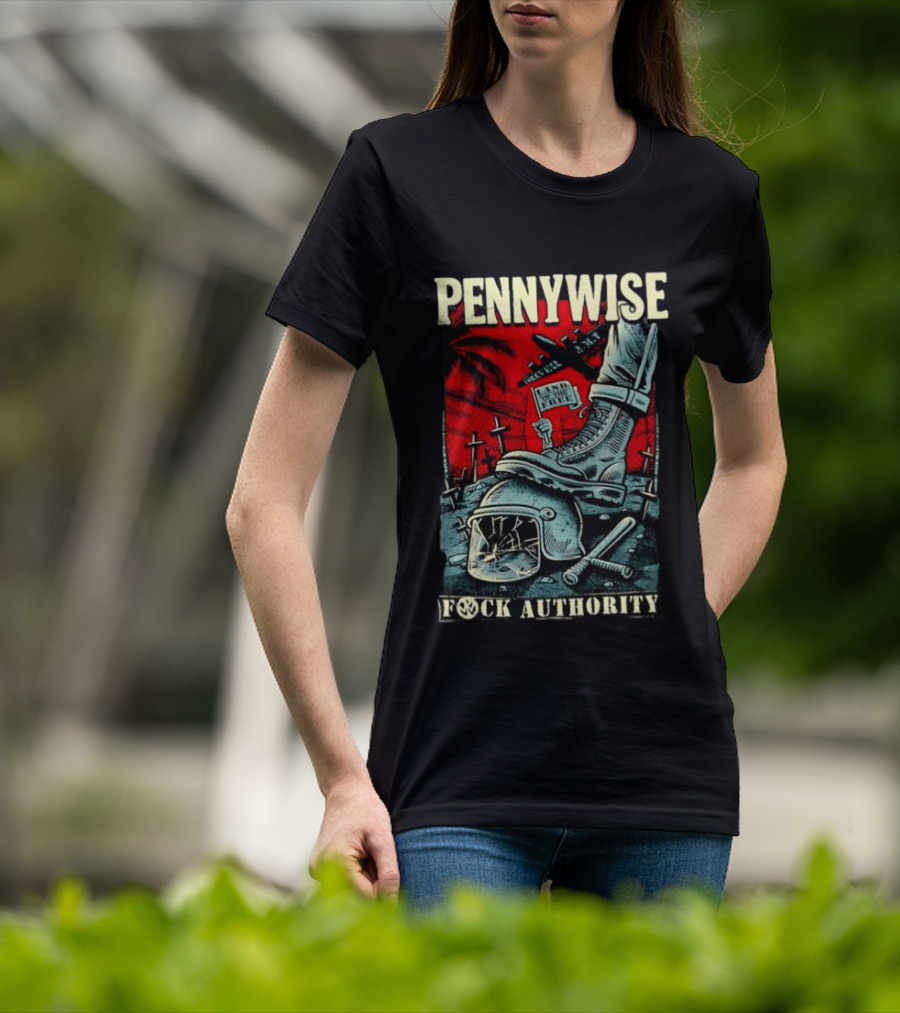 Pennywise Fock Authority Land Of The Free Forever Dystopian Punk Imagery With Boot And Helmet T-Shirt
