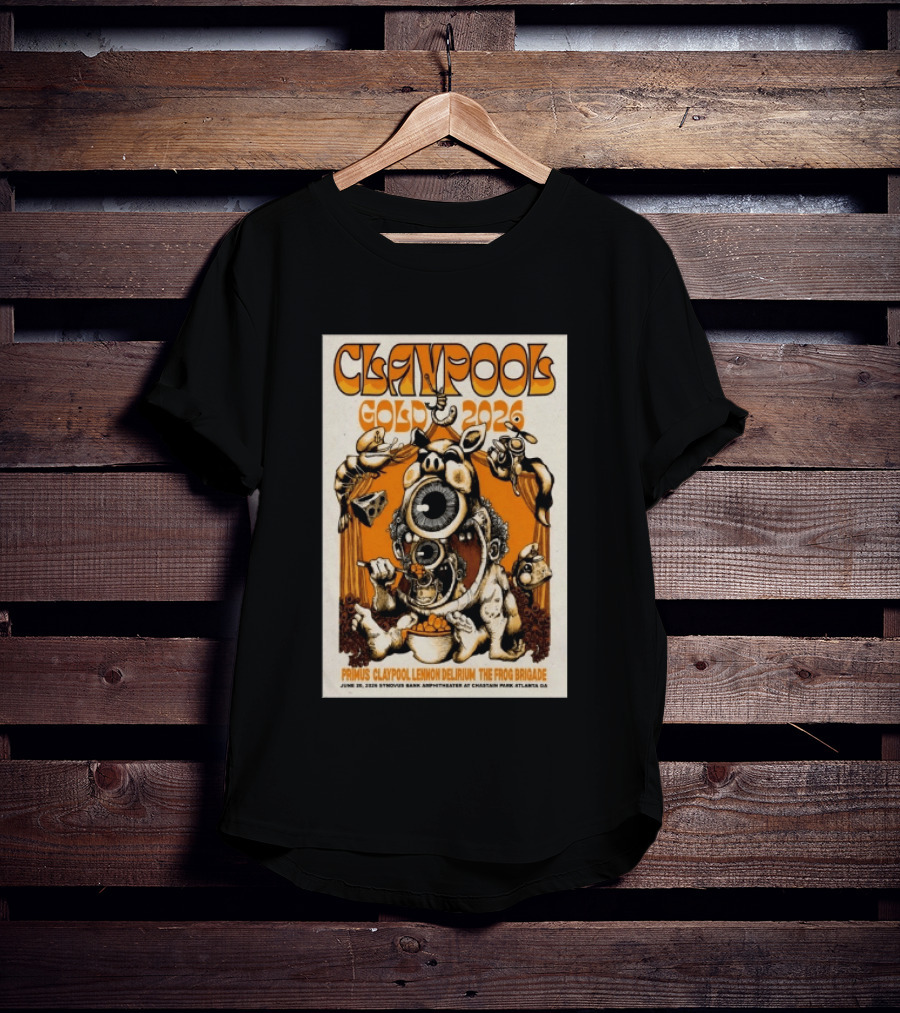 Les Claypool Gold 2026 Primus Delirium Frog Brigade June 20 Synovus Bank Amphitheater Atlanta T-Shirt