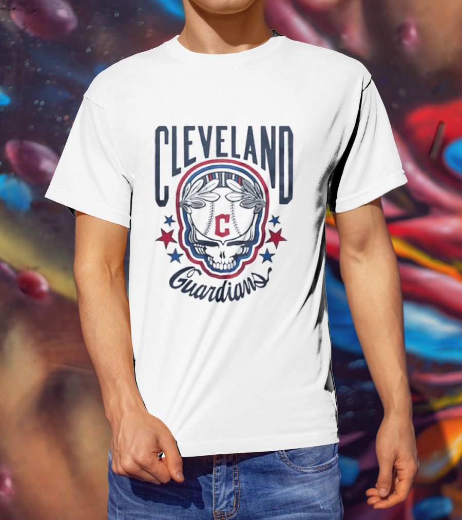 Cleveland Guardians Skull Baseball Laurel Wreath Stars T-Shirt
