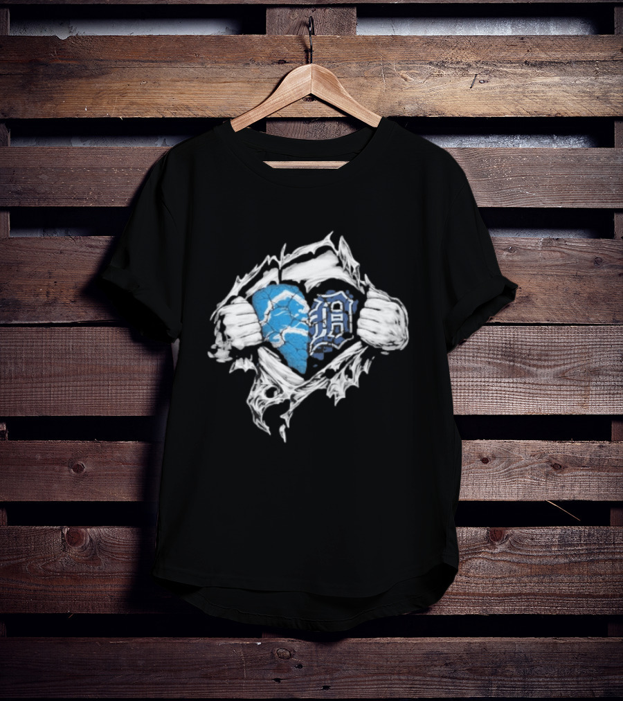 Detroit Lions Tigers Heart Ripped Design Collaboration Sports Fandom T-Shirt