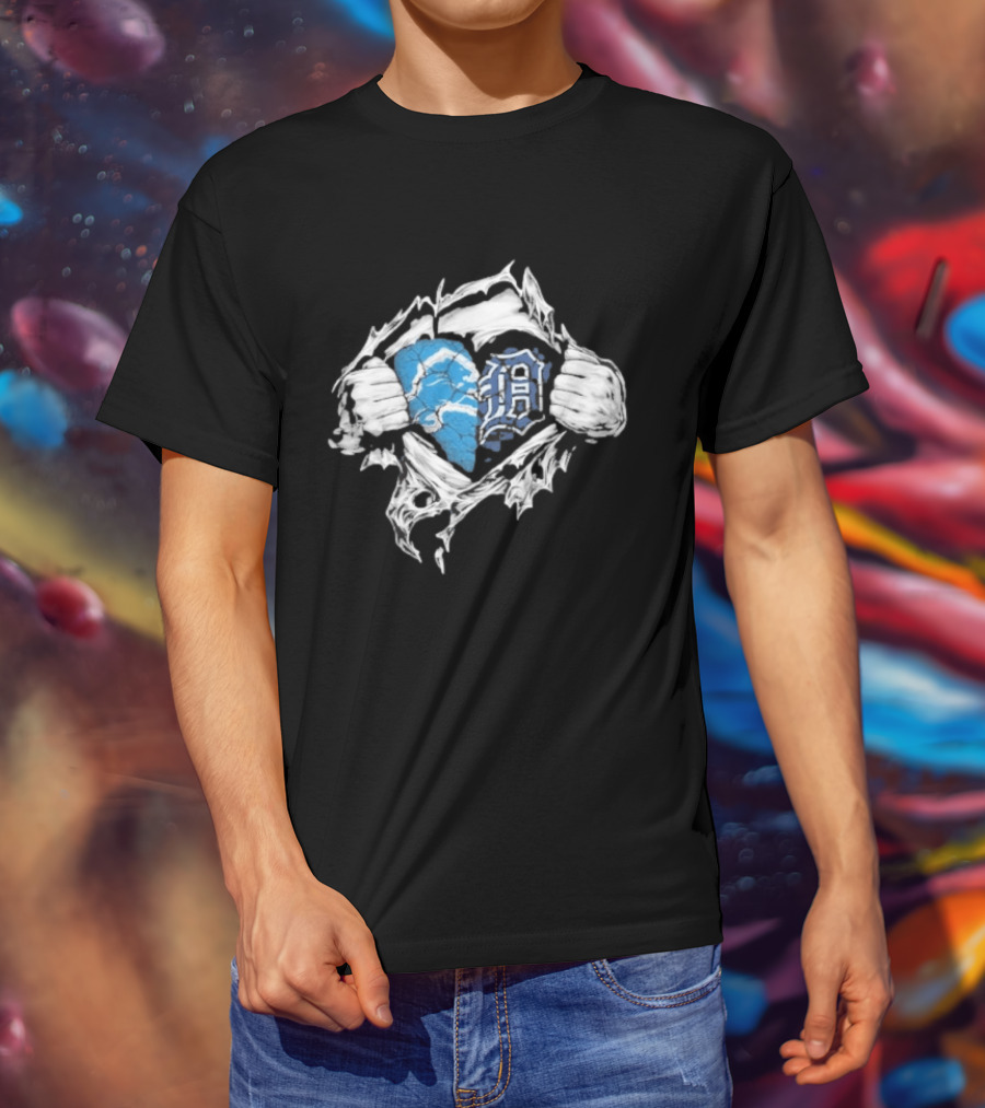 Detroit Lions Tigers Heart Ripped Design Collaboration Sports Fandom T-Shirt