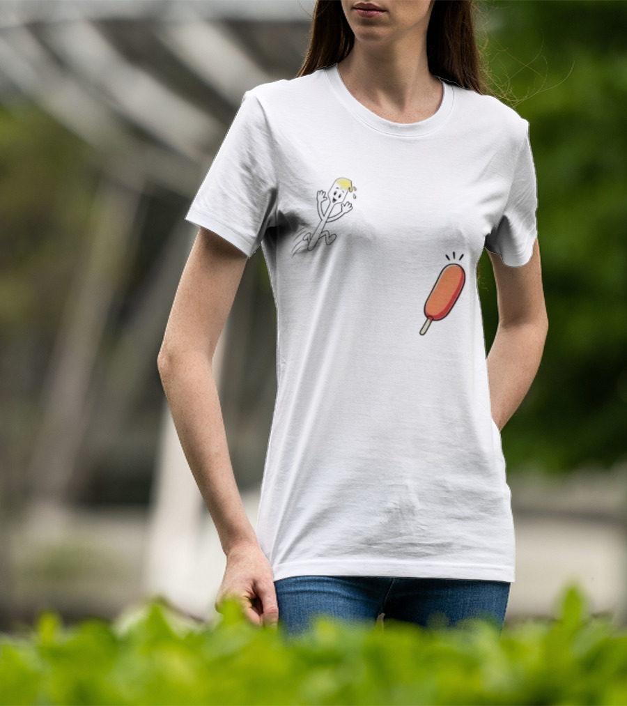 Spork Vs Corn Dog Humorous Food Chase Cartoon T-Shirt