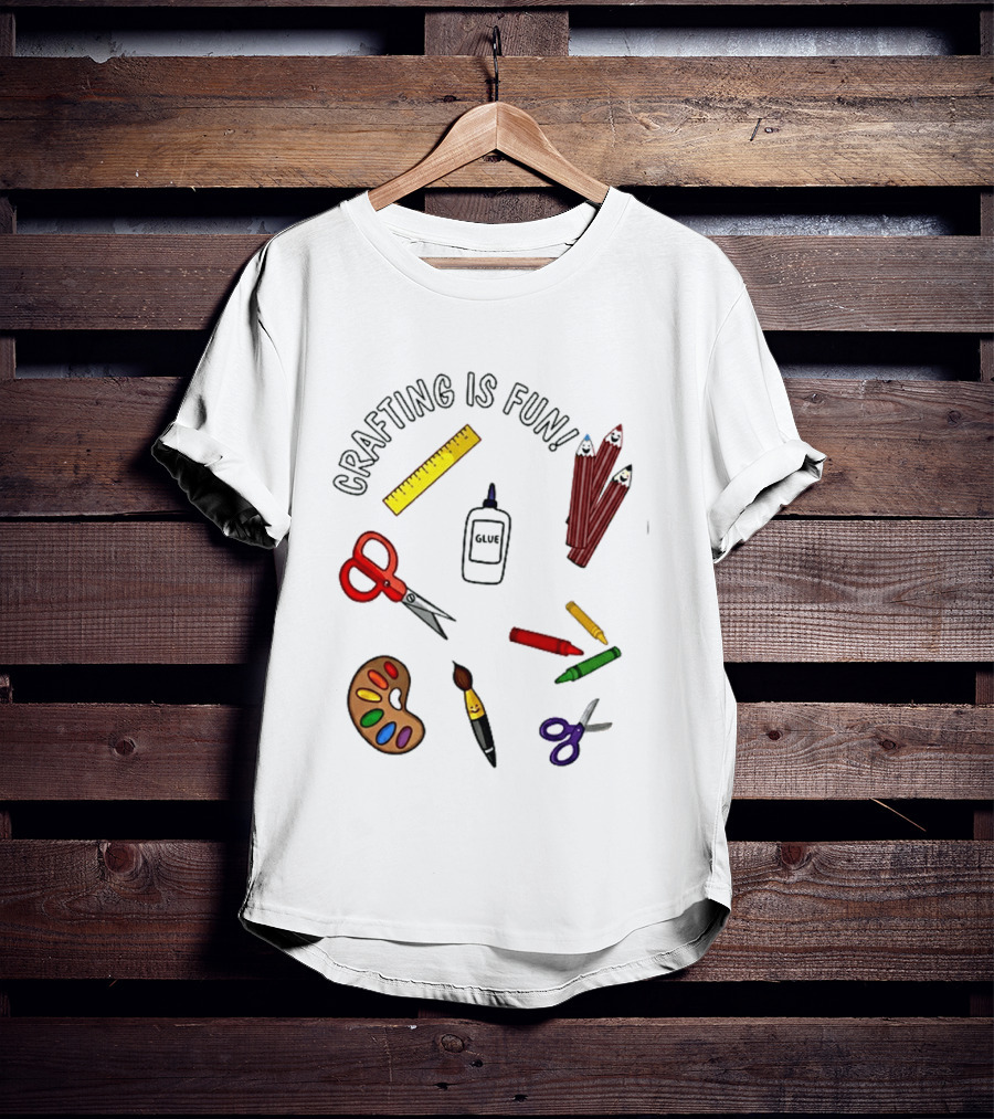 Crafting Is Fun Supplies Scissors Glue Paintbrush Crayons Palette Ruler T-Shirt