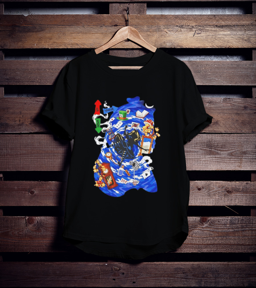 Alice In Wonderland Through The Rabbit Hole Down Yonder With Wonderland Icons And Vortex T-Shirt