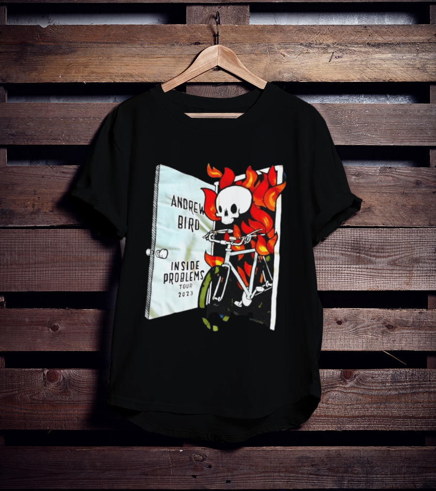 Andrew Bird Inside Problems Tour 2023 Flaming Skeleton On Bicycle T-Shirt