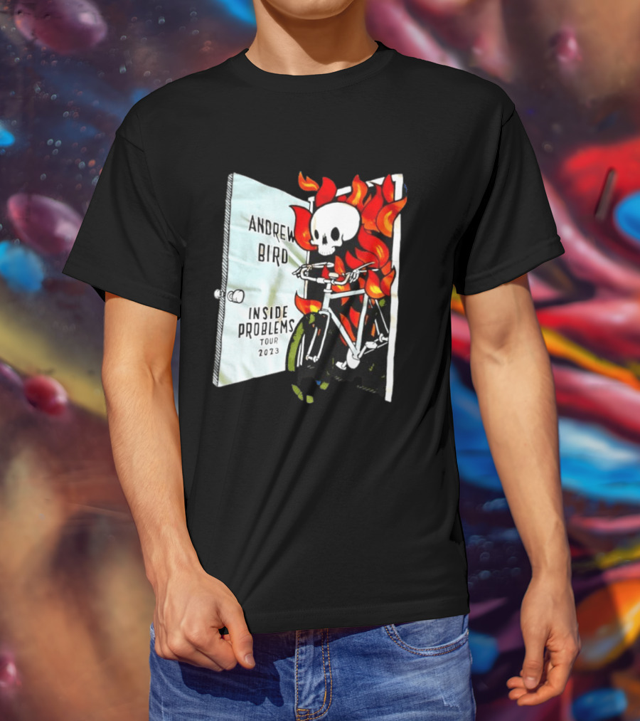 Andrew Bird Inside Problems Tour 2023 Flaming Skeleton On Bicycle T-Shirt