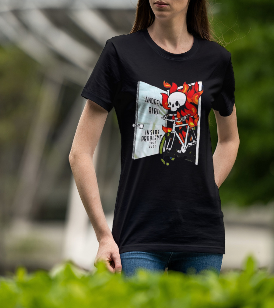 Andrew Bird Inside Problems Tour 2023 Flaming Skeleton On Bicycle T-Shirt
