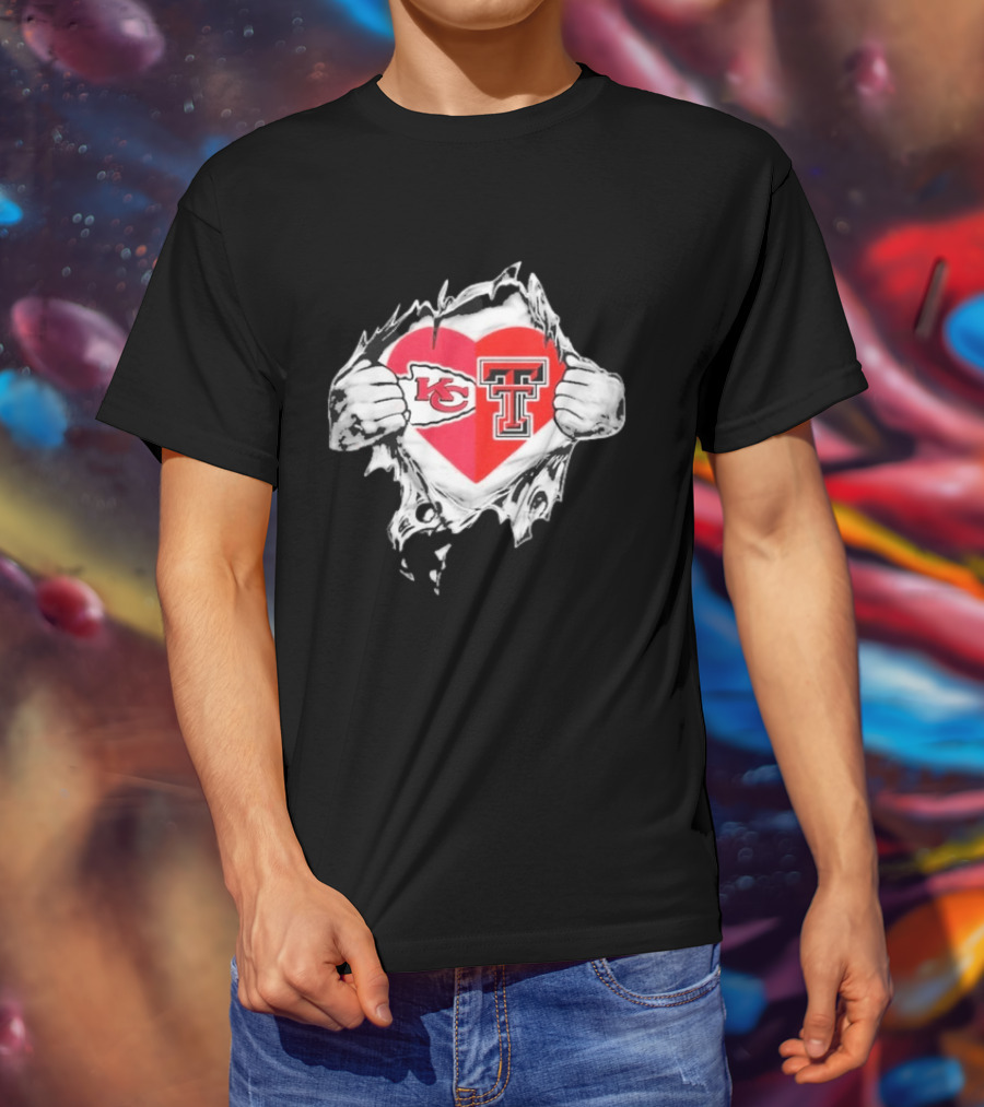Chiefs Texas Tech Red Raiders Heart Emblem Torn Reveal T-Shirt
