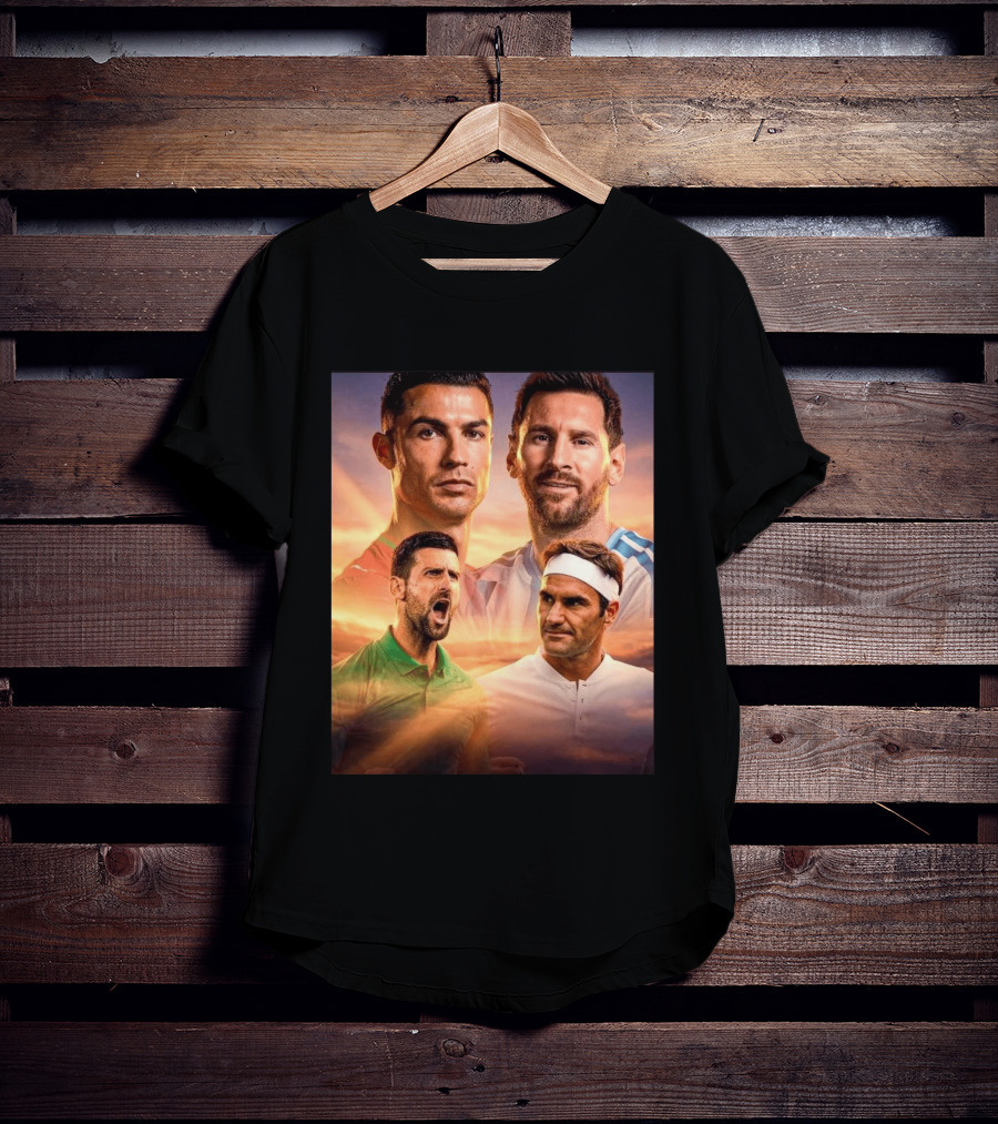 Cristiano Ronaldo Lionel Messi Novak Djokovic Roger Federer GOAT Sports Legends Celebrating Iconic Athletes T-Shirt