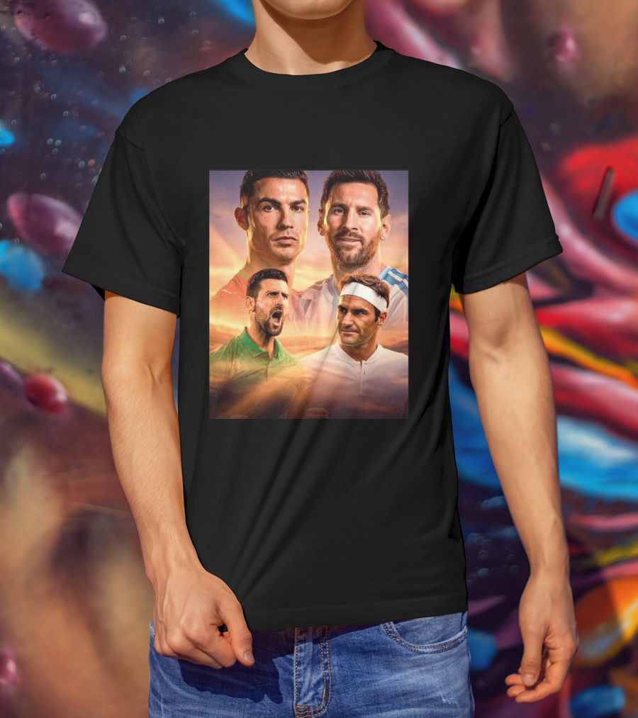 Cristiano Ronaldo Lionel Messi Novak Djokovic Roger Federer GOAT Sports Legends Celebrating Iconic Athletes T-Shirt