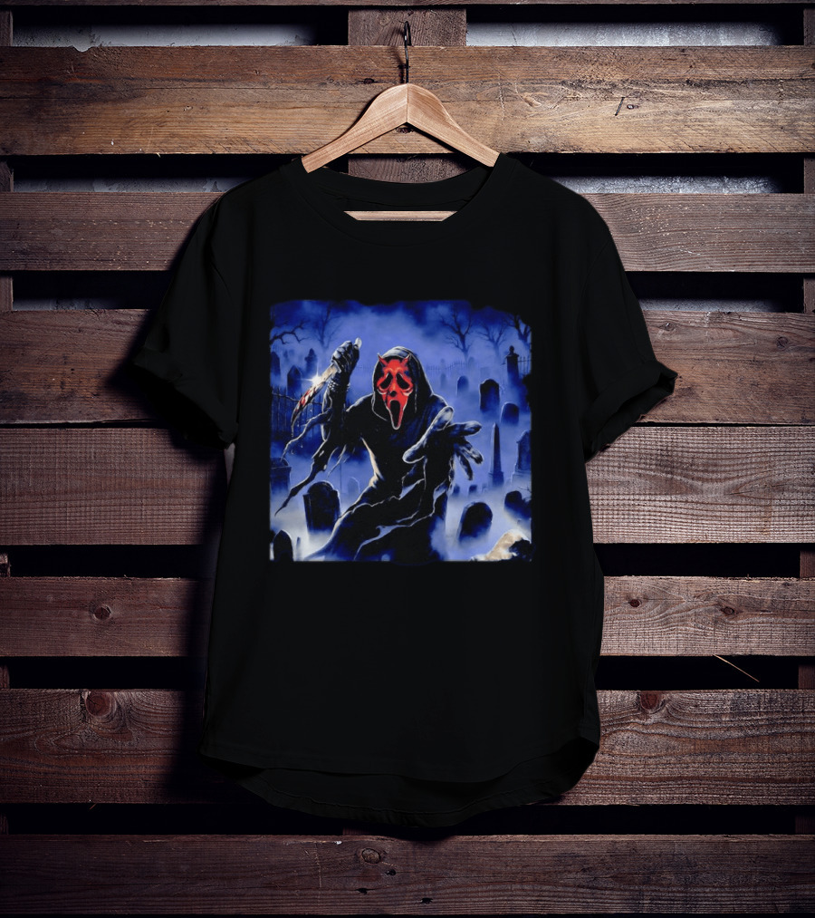 Ghostface Scream Devil Mask With Knife In Cemetery T-Shirt